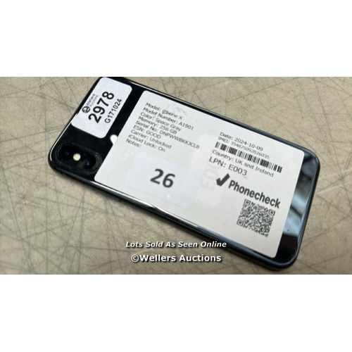 2978 - APPLE IPHONE X / A1901/ 256GB / I-CLOUD LOCKED / IMEI 354875092026035