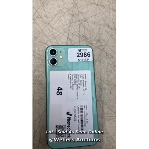 2986 - APPLE IPHONE 11/ A2221 / 64GB / I-CLOUD LOCKED / IMEI 356579101854019 / SCREEN DAMAGED