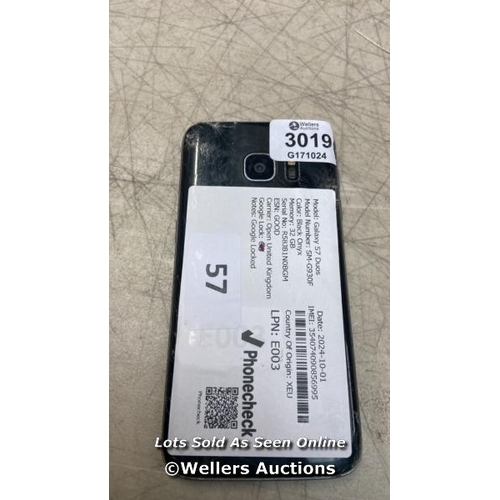 3019 - GALAXY S7 DUOS / SM-G930F / 32GB / GOOGLE LOCKED / IMEI 354074090856995 / SCREEN AND BACK DAMAGED