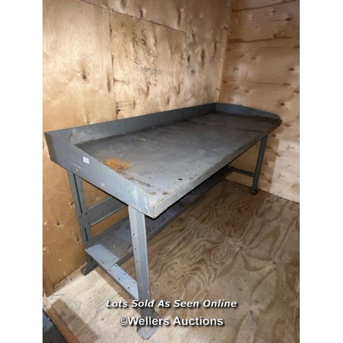 23 - Large metal workbench, 88cm (h) x 183cm (w) x 71cm (d) / Container no. BM000130