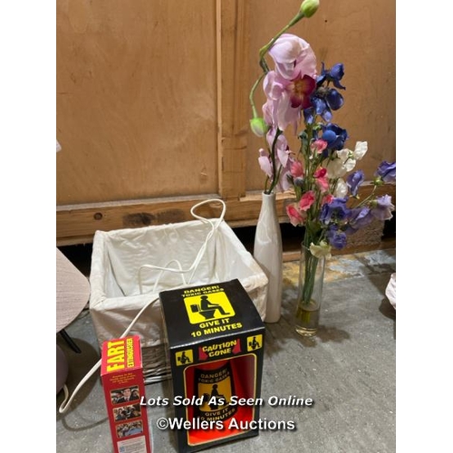 34 - Household sundries inc. vases, faux flowers, fart extinguisher etc / Container no. BM000130