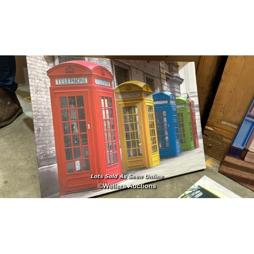 38 - Six brightly themes canvas prints inc. telephone boxes, the largest 58cm (h) x 77cm (w) / Container ... 