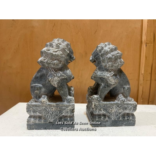 43 - Pair of grey stone Foo dog figures, 22cm (h) / Container no. BM000130