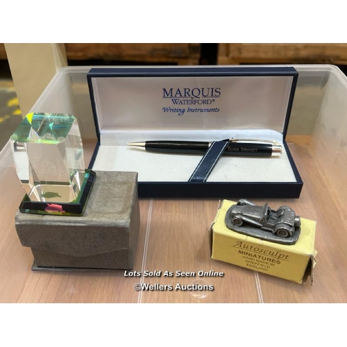 60 - Marquis Waterford writing pen (with a name inscribed), miniture auto sculpture, and a a paperweight ... 