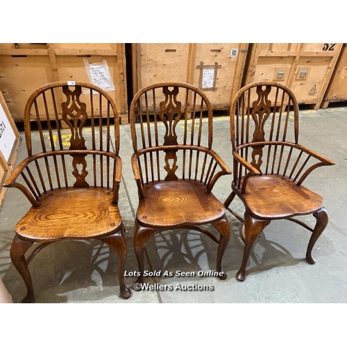 86 - Three wheel and slat back Windsor chairs, 103cm (h) x 53cm (w) x 45cm (d) / Container no.  BM000508