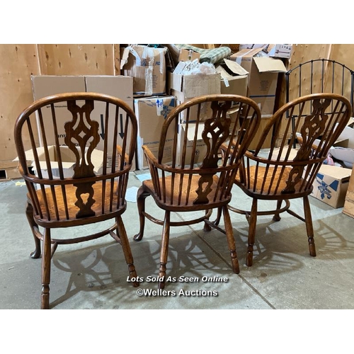 86 - Three wheel and slat back Windsor chairs, 103cm (h) x 53cm (w) x 45cm (d) / Container no.  BM000508