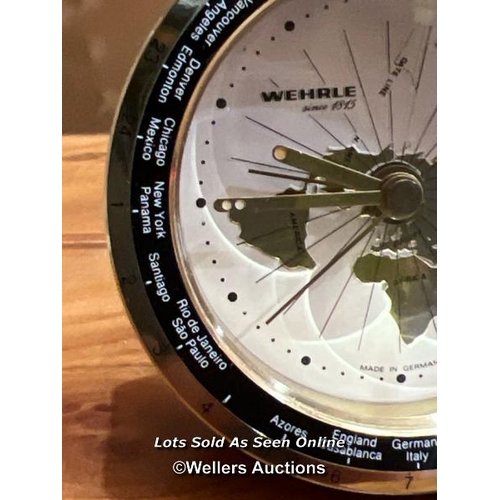 92 - 1960's Wehrle quartz world travel brass clock, made in Germany, 7cm (dia) / Container no.  BM000508