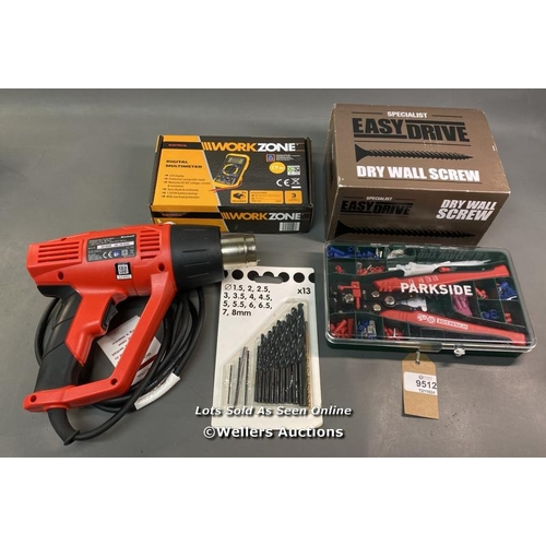 9512 - BAG OF PRE OWNED TOOLS INC. DIGITAL MULTIMETER, DRY WALL SCREW, PARKSIDE