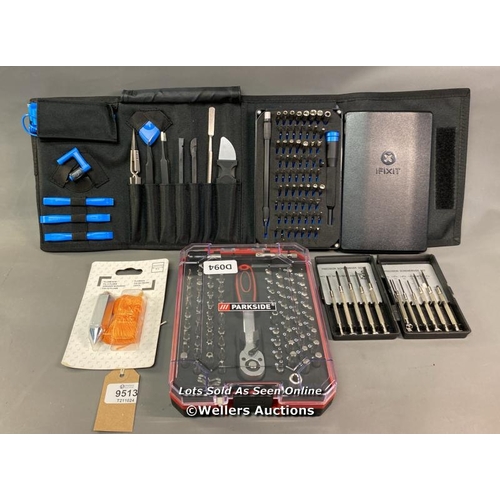 9513 - BAG OF PRE OWNED TOOLS INC. PARKISDE RATCHET AND BIT SET , IFIXIT, PRECISION SCREWDRIVER SET , PLUMB... 