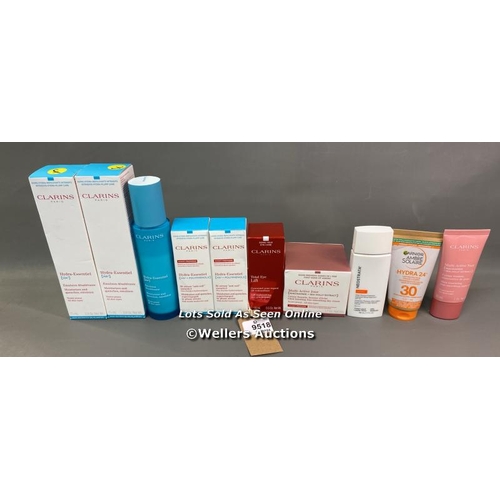 9518 - BAG OF PRE OWNED COSMETICS INC. CLARINS: MOISTURIZES, BI-SERUM, EMULSION, MULTI -ACTIVE NUIT, TOTAL ... 