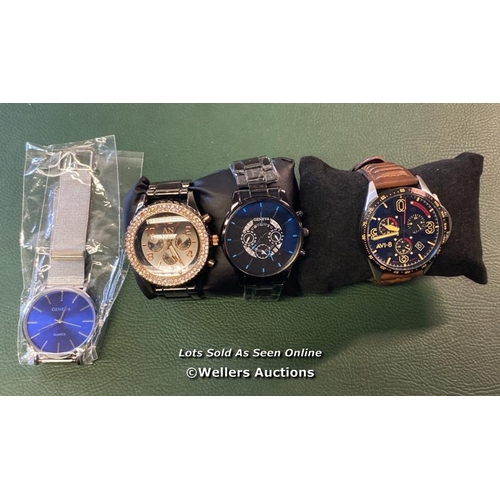 9551 - WATCHES X4 INC. GENEVA QUARTZ, GEVENA BLACK, AVI 8 LEATHER STRAP, AN LONDON 7064