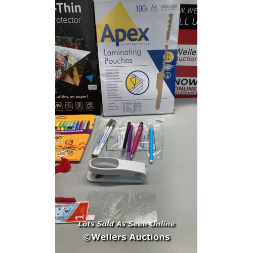 6646 - 10X ASSORTED STATIONARY INCL. FELLOWES APEX A4 LAMINATING POUCHES, GLOSSY FINISH, 100 SHEETS - SUPER... 