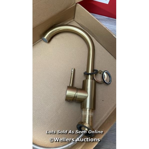 6704 - HEABLE KITCHEN SINK MIXER TAP WITH PULL DOWN SPRAYER BRUSHED GOLD, SINGLE HANDLE HIGH ARC PULL OUT K... 