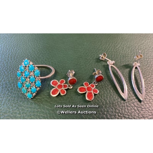 9582 - BAG OF SILVER X4 INC. NECKLACE WITH HEART PINGENT, RED FLOWER EARRINGS, EARRINGS, RING WITH STONE