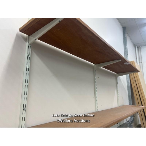 2015 - Wall shelf components, comprising of two wooden shelves and associated metal fixtures, longest shelf... 