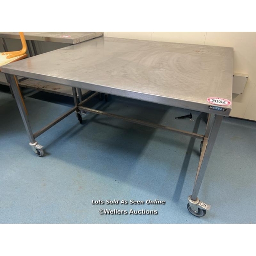 2032 - Large Moffat stainless steel workbench on casters, 85cm h x 140cm d x 150cm w / Scotch Horn Leisure ... 