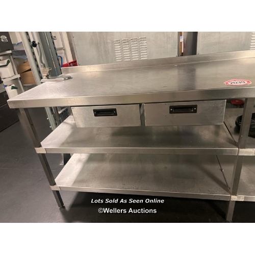 2039 - Large three tier stainless steel commercial kitchen workbench with x3 drawers and can opener, 95cm h... 