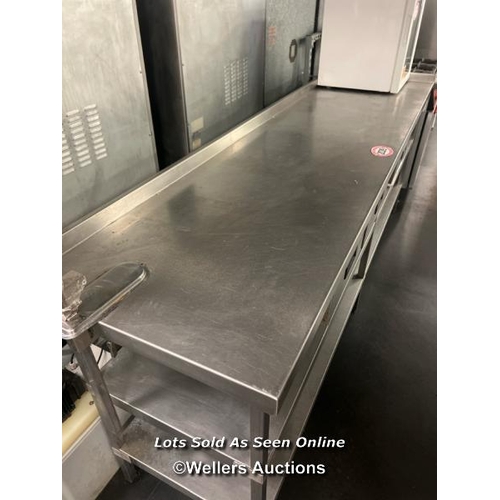 2039 - Large three tier stainless steel commercial kitchen workbench with x3 drawers and can opener, 95cm h... 