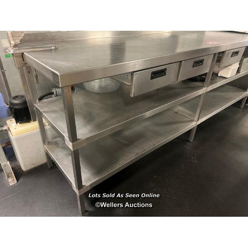 2039 - Large three tier stainless steel commercial kitchen workbench with x3 drawers and can opener, 95cm h... 