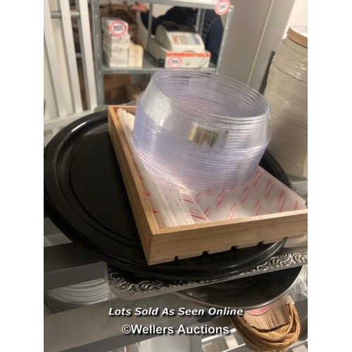 2044 - Lot of assorted kitchenware including paper plates, plastic jugs and trays / Castlewood, Tickenham R... 