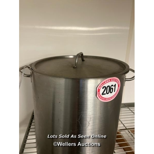 2061 - Large commercial stainless steel cooking pot with lid, 41cm h x 40cm dia / Castlewood, Tickenham Roa... 