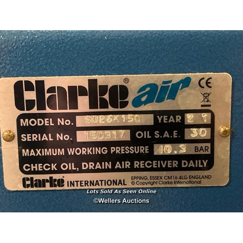 2082 - NEW Clarke SD26K150 Stationary Air Compressor, powered by Kohler KD15-350E530 diesel engine, manuals... 