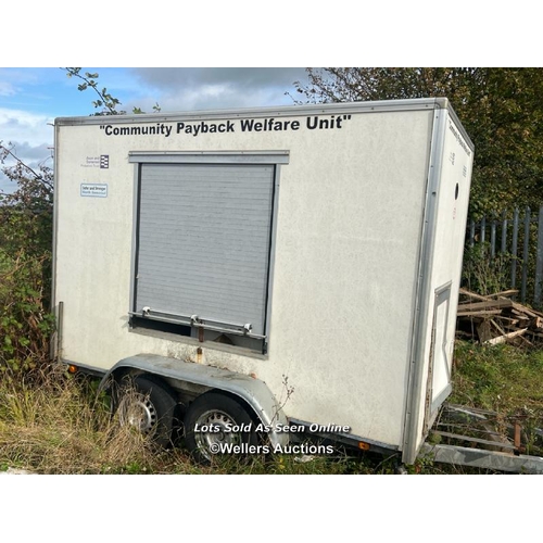 2115 - Twin Axle D20 Welfare Unit, cabin dimensions 312cm l x 204 h x 155 w, features incl. sink, storage s... 