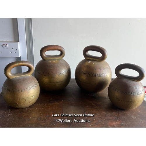 2127 - Four County of Somerset brass bell weights by Doyle and Son London, x2 28LB and x2 56LB, largest 24c... 