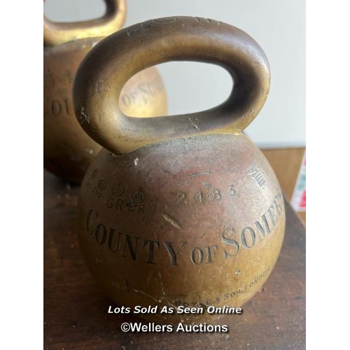 2127 - Four County of Somerset brass bell weights by Doyle and Son London, x2 28LB and x2 56LB, largest 24c... 