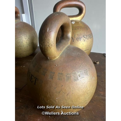 2127 - Four County of Somerset brass bell weights by Doyle and Son London, x2 28LB and x2 56LB, largest 24c... 