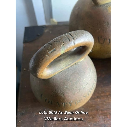 2127 - Four County of Somerset brass bell weights by Doyle and Son London, x2 28LB and x2 56LB, largest 24c... 