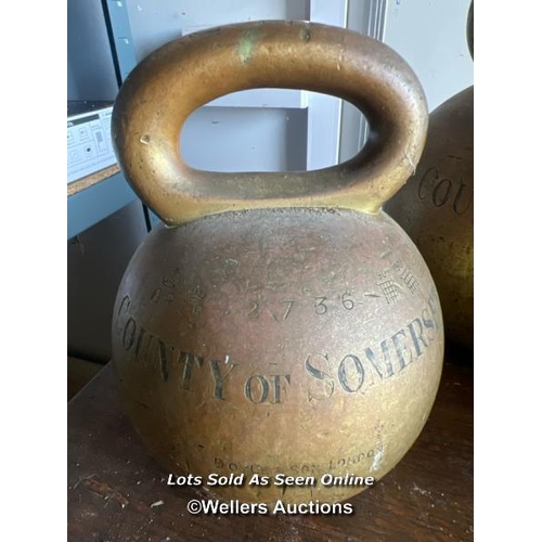 2127 - Four County of Somerset brass bell weights by Doyle and Son London, x2 28LB and x2 56LB, largest 24c... 