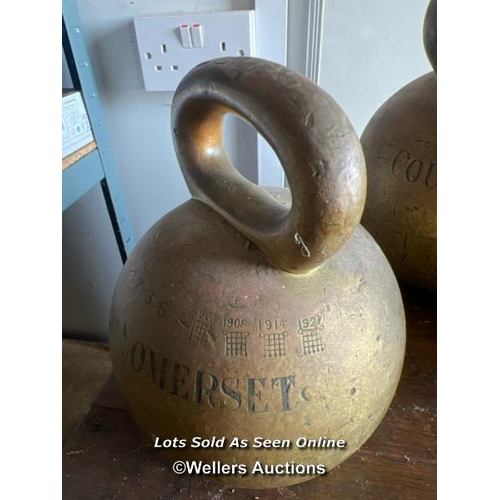 2127 - Four County of Somerset brass bell weights by Doyle and Son London, x2 28LB and x2 56LB, largest 24c... 