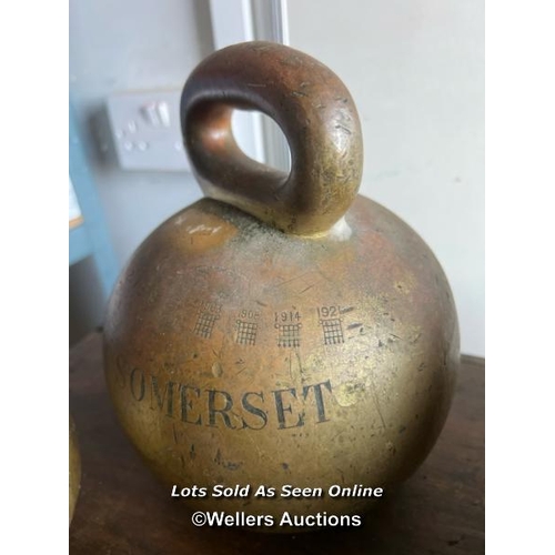 2127 - Four County of Somerset brass bell weights by Doyle and Son London, x2 28LB and x2 56LB, largest 24c... 