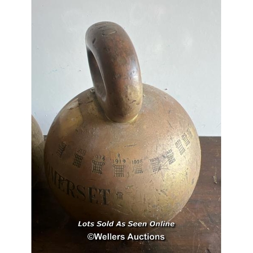 2127 - Four County of Somerset brass bell weights by Doyle and Son London, x2 28LB and x2 56LB, largest 24c... 