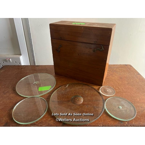 2133 - Five glass inserts in wooden case, 24cm h x 24cm w x 10cm d / Towerhead Farm, Towerhead, Banwell, BS... 