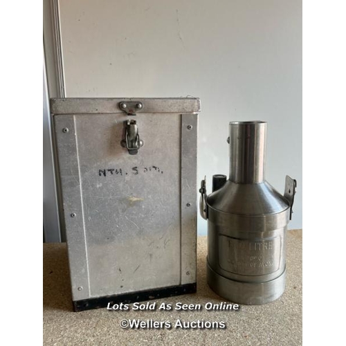 2145 - Two litre stainless steel petrol measure for County of Avon, in metal carry case, 32cm h x 20cm w x ... 