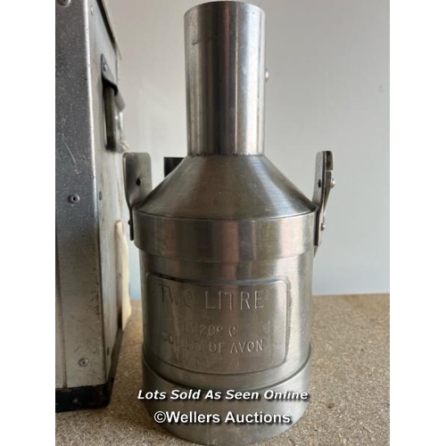 2145 - Two litre stainless steel petrol measure for County of Avon, in metal carry case, 32cm h x 20cm w x ... 