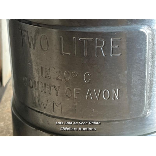 2145 - Two litre stainless steel petrol measure for County of Avon, in metal carry case, 32cm h x 20cm w x ... 