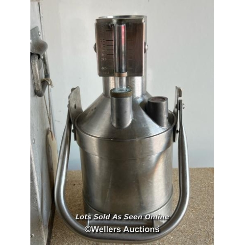 2145 - Two litre stainless steel petrol measure for County of Avon, in metal carry case, 32cm h x 20cm w x ... 