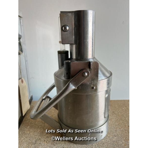 2145 - Two litre stainless steel petrol measure for County of Avon, in metal carry case, 32cm h x 20cm w x ... 