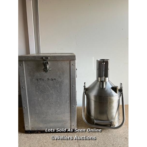 2146 - Five litre stainless steel petrol measure for County of Avon, in metal carry case, 39cm h x 26cm w x... 