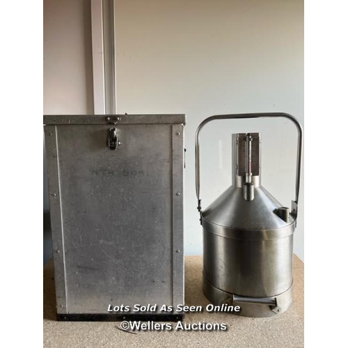 2147 - Ten litre stainless steel petrol measure for County of Avon, in metal carry case, 49cm h x 30cm w x ... 