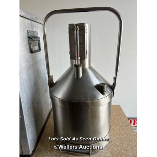 2147 - Ten litre stainless steel petrol measure for County of Avon, in metal carry case, 49cm h x 30cm w x ... 