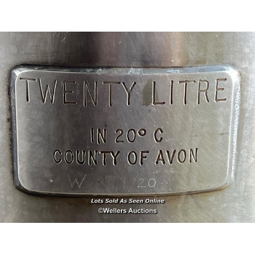 2148 - Twenty litre stainless steel petrol measure for County of Avon, in metal carry case, 60cm h x 37cm w... 