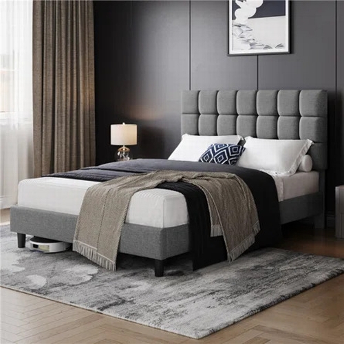 7717 - RRP: 179.99 - YAHEETECH SIZE MODERN UPHOLSTERED BED FRAME WITH SQUARE TUFTED HEADBOARD COLOUR: LIGHT... 