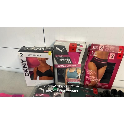 624 - QTY OF LADIES AND GENTS NEW UNDERWEAR, BRAS AND SOCKS INCL PUMA, TED BAKER, DKNY AND JEZEBEL