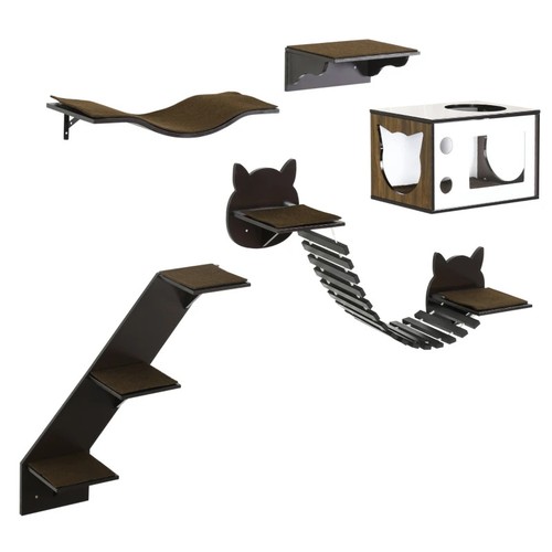 8013 - PAWHUT 5PCS CAT WALL SHELVES PET WALL-MOUNTED CLIMBING SHELF SET WITH CUSHION CONDO JUMPING PLATFORM... 