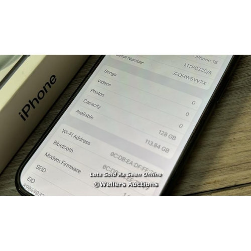 8293 - APPLE IPHONE 15 / 128GB / SIM FREE / BLACK / MTP03ZD/A / MINIMAL, IF ANY SIGNS OF USE / I-CLOUD UN-L... 