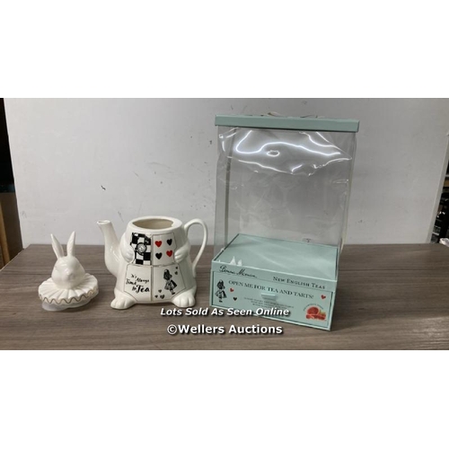 4003 - ALICE IN WONDERLAND TIME FOR TEA TEA POT / MINIMAL IF ANY SIGNS OF USE / ONE PACKET OF TEABAGS OPENE... 